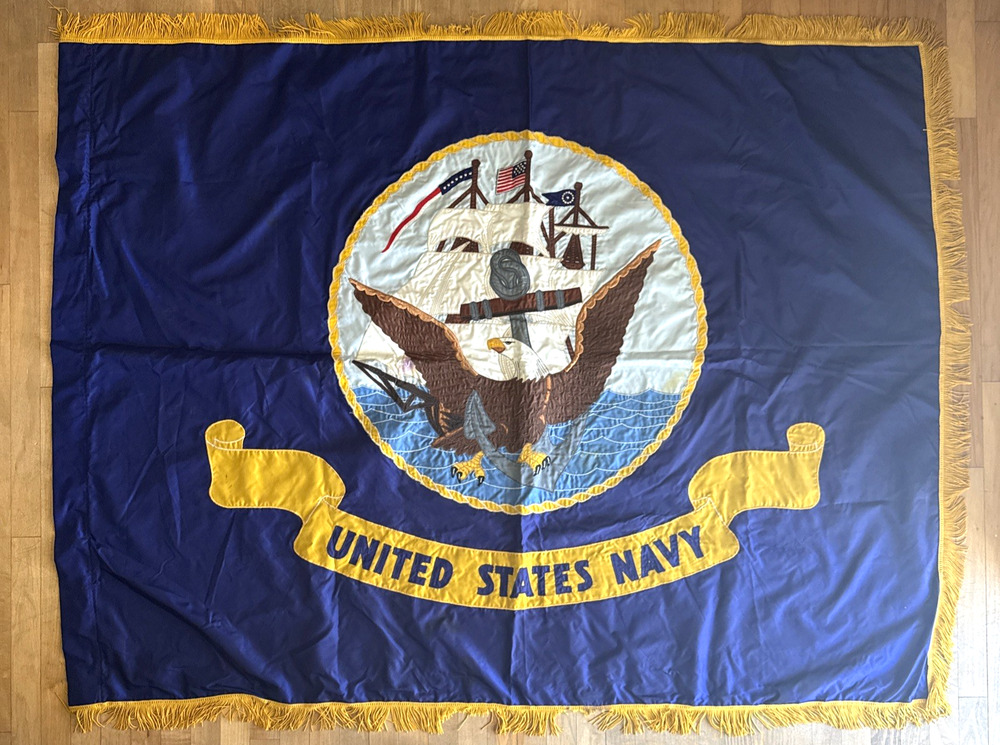 Vintage United States Navy Ceremonial Flag 68”x52” Embroidered Gold Fringe